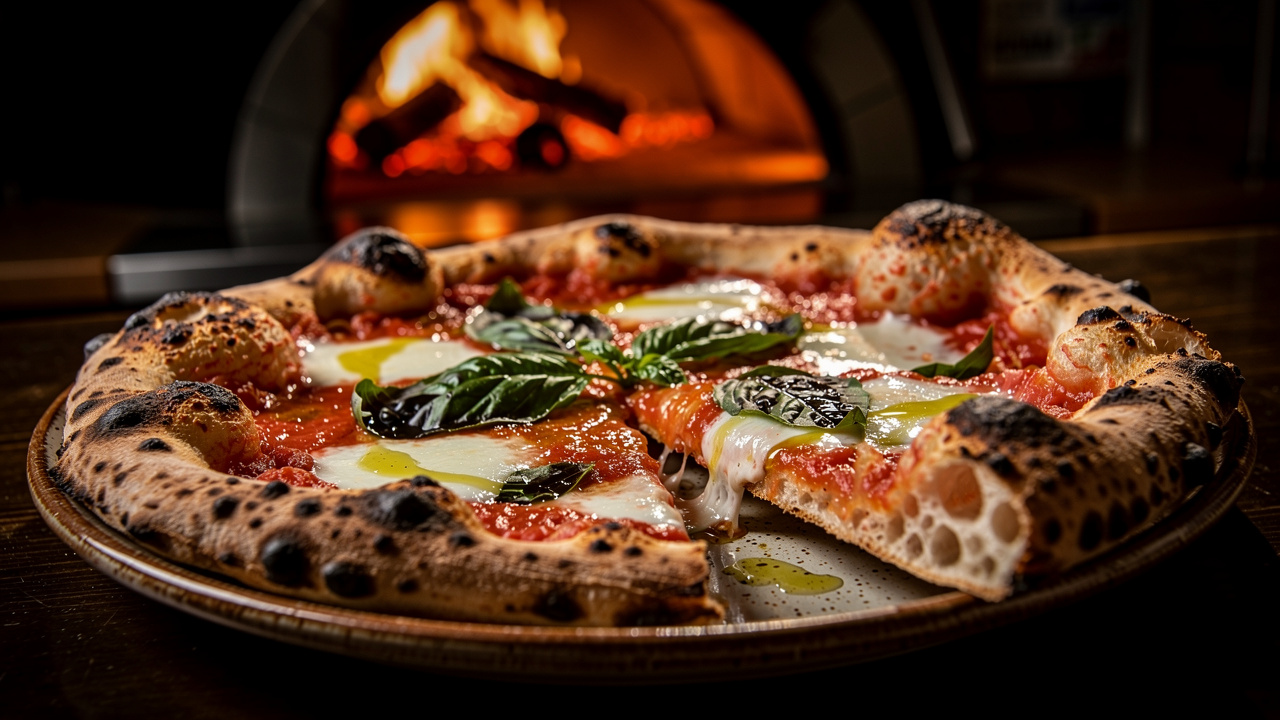 Freshly baked Neapolitan pizza with leopard-spotted charred crust from cold fermented dough