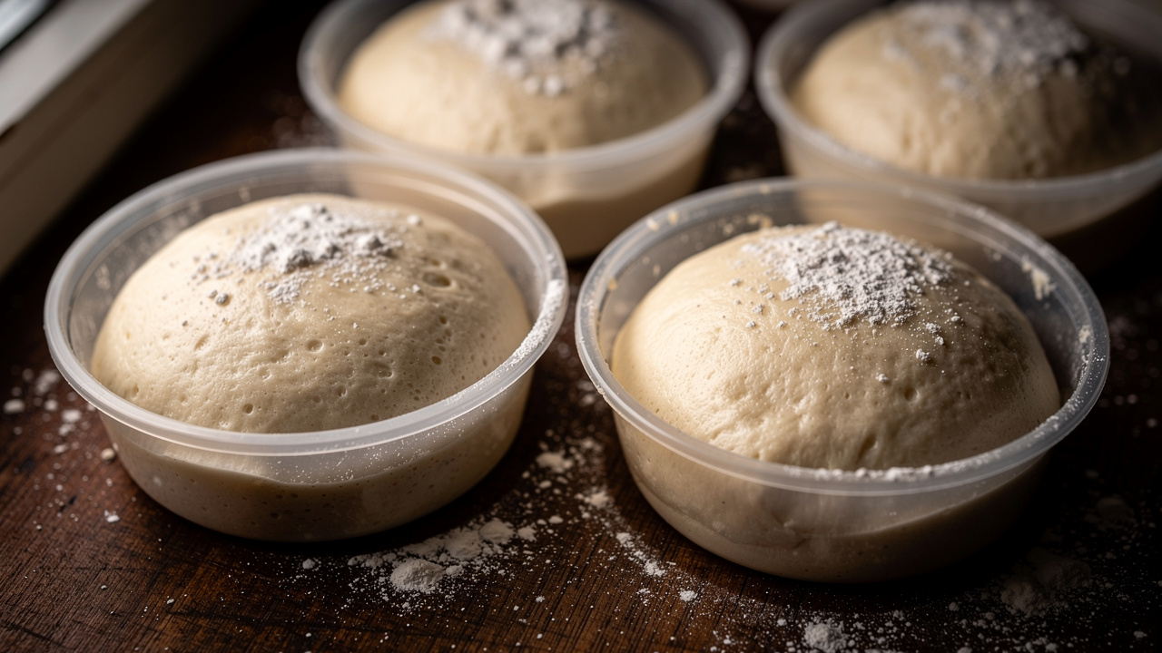 Pizza dough balls cold fermenting in glass containers inside a refrigerator