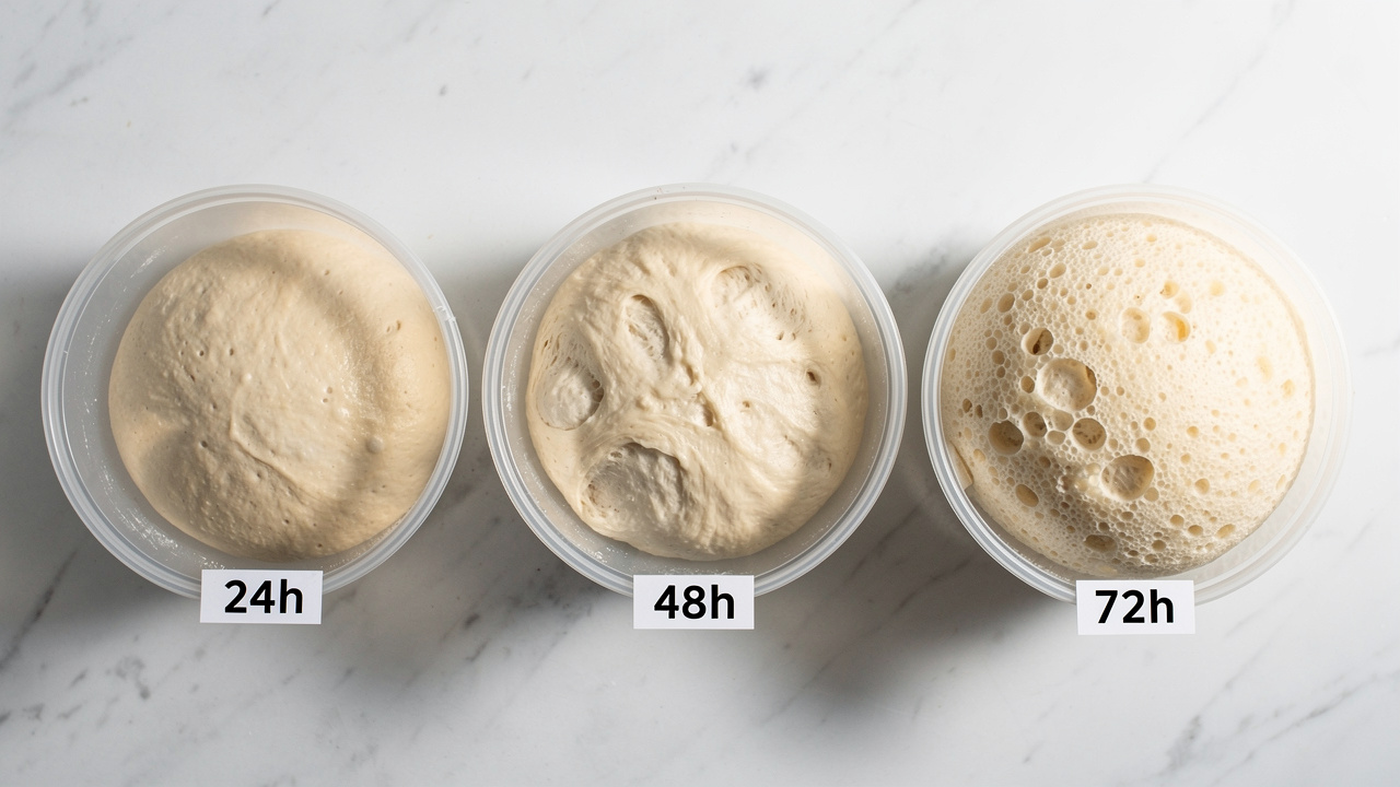 Dough balls at 24h, 48h, and 72h cold fermentation stages showing progressive bubble development